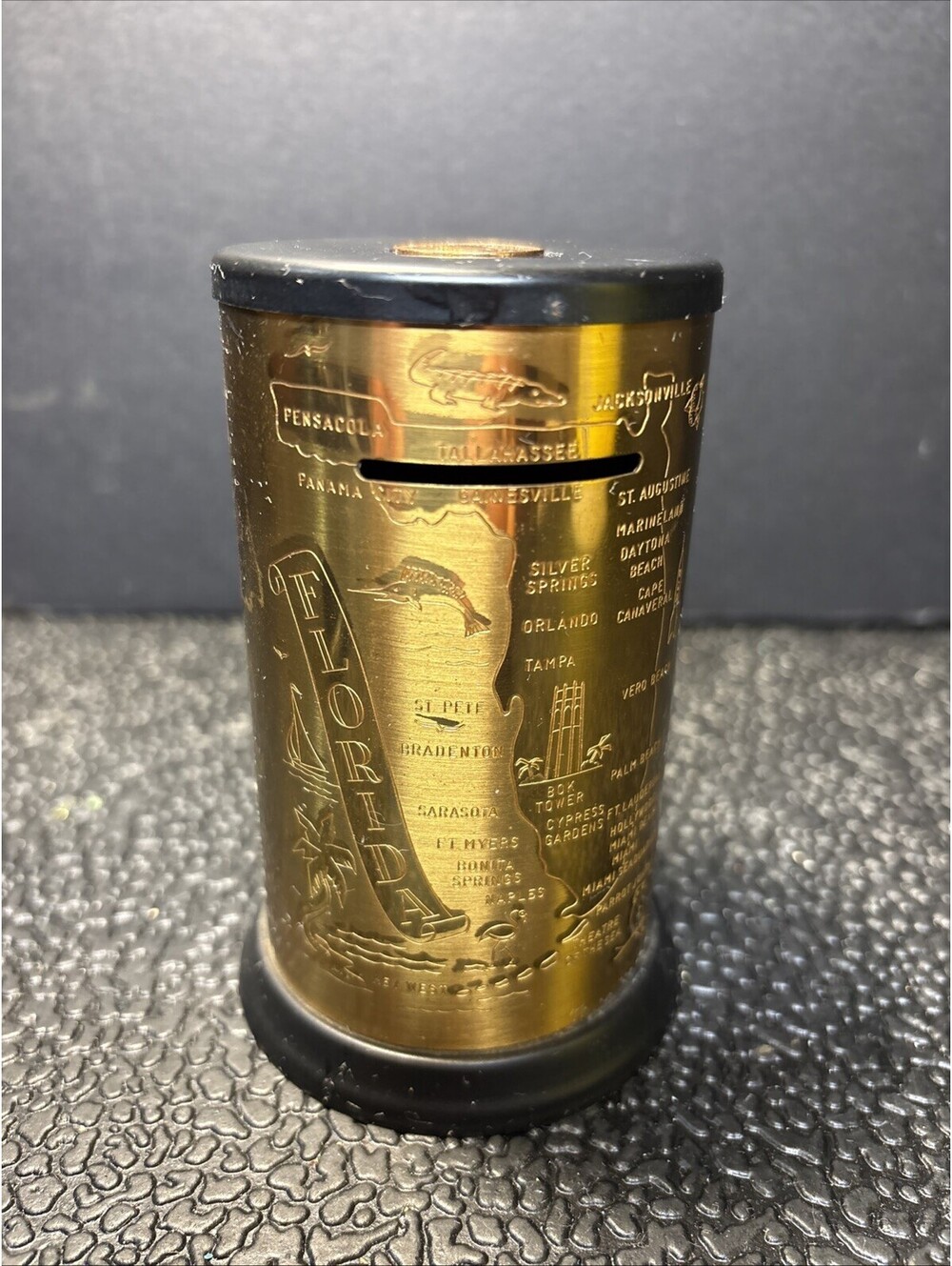 VTG 1950’s FLORIDA STATE BRASS CYLINDER SOUVENIR STILL COIN BANK PENNY ON TOP